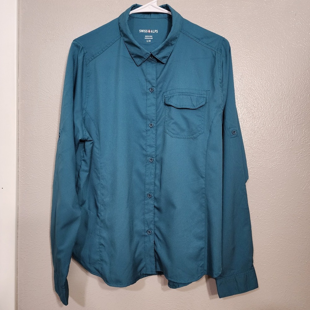Swiss Alps Men's Large Long Sleeve Aqua Blue Hiking Fishing‎ Shirt Lightweight